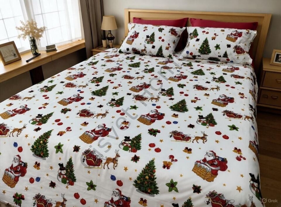 Noel Baba ve Kızağı %100 Pamuk Nevresim Takımı – Çift Kişilik Yılbaşı Temalı Yumuşak Nevresim Seti