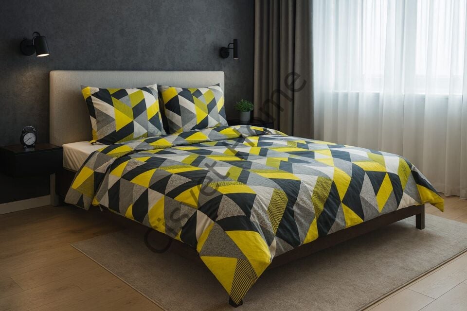 %100 Pamuk Geometrik Desenli Modern Çift Kişilik Nevresim Takımı – Sarı, Gri ve Siyah Tonlarında Şık Tasarım