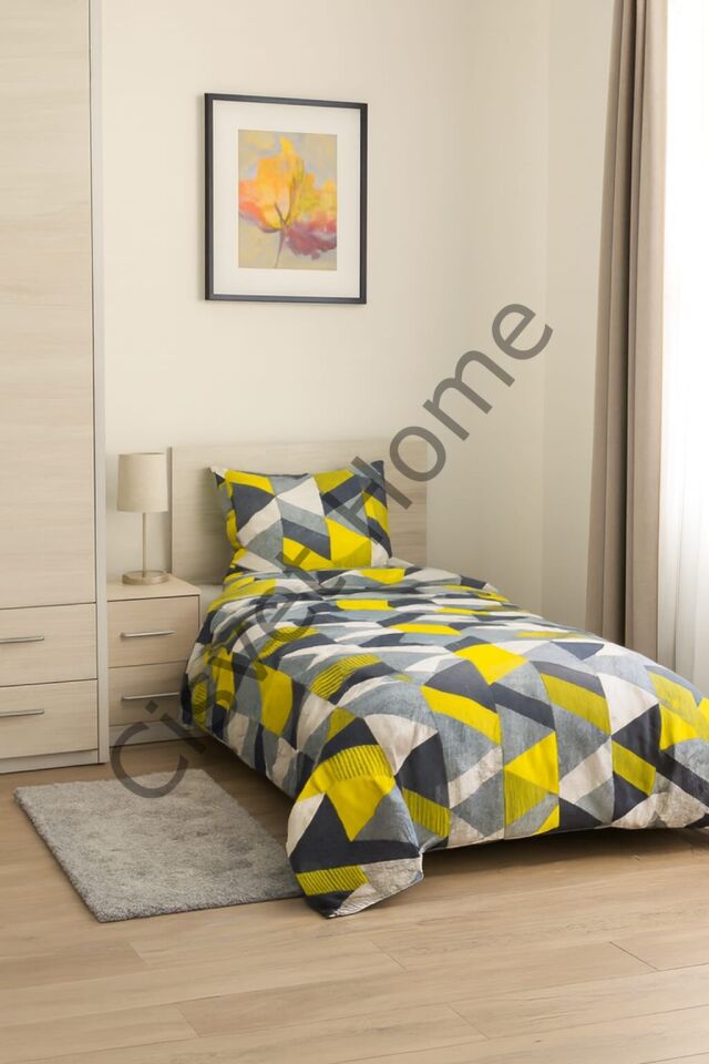 %100 Pamuk Geometrik Desenli Modern Tek Kişilik Nevresim Takımı – Sarı, Gri ve Siyah Tonlarında Şık Tasarım