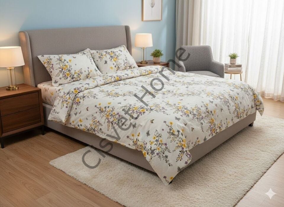 %100 Pamuk Çiçekli Çift Kişilik Nevresim Takımı – Sarı, Mor ve Gri Tonlarında Zarif Tasarım