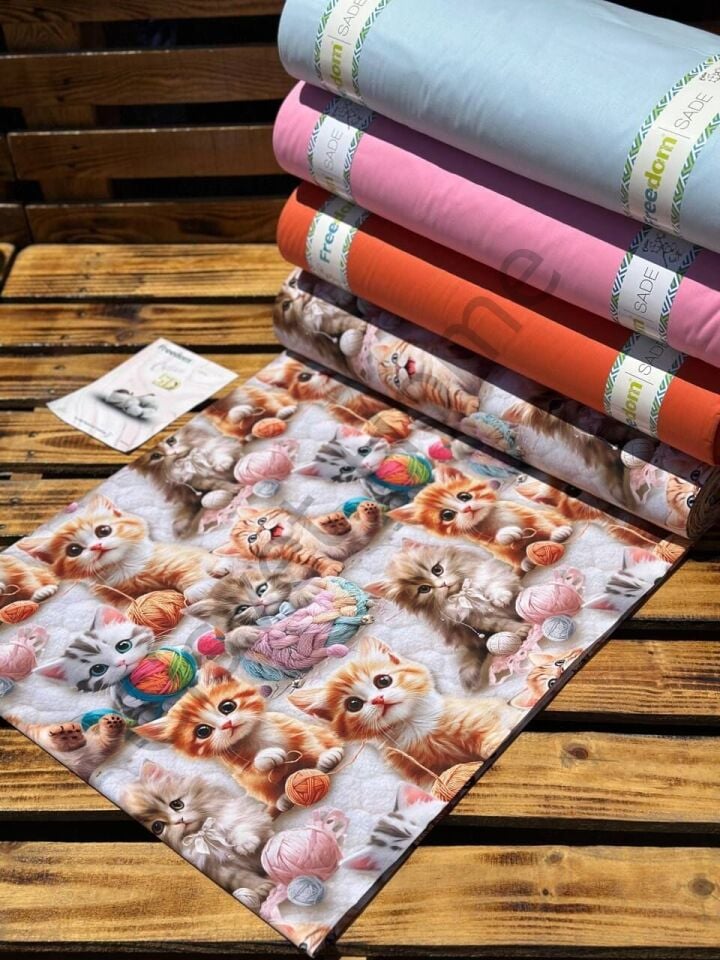 5D Kedi Desenli Dijital Poplin Kumaş   – 240 cm  %100 Pamuk  130 GSM