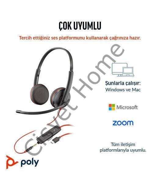 Poly BW 3225 USB-C HS +3.5mmP +USB-C/A – Profesyonel Stereo Kulaklık, Gürültü Önleyici Mikrofon