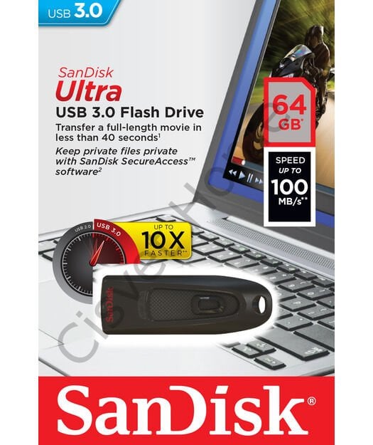 SanDisk Ultra 64GB USB 3.0 – 100MB/s Okuma, Kaymalı Tasarım, AES 128-bit Şifreleme, SecureAccess Yazılımı, 2 Yıl Garanti